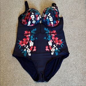 City Chic Floral One Piece Swimsuit - Black and Red